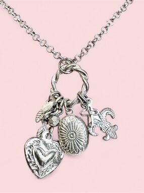Dainty Silver Locket Charm Necklace Heart Fleur-de-Lis Leaves Cross Y2K Pendant